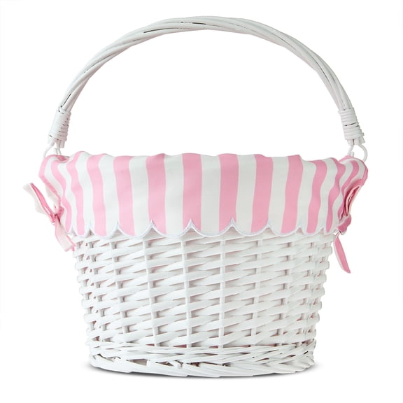 Round Willow Basket with Scalloped Stripe Liner, White and Pink, 11.5" x 8", Easter by Way To Celebrate