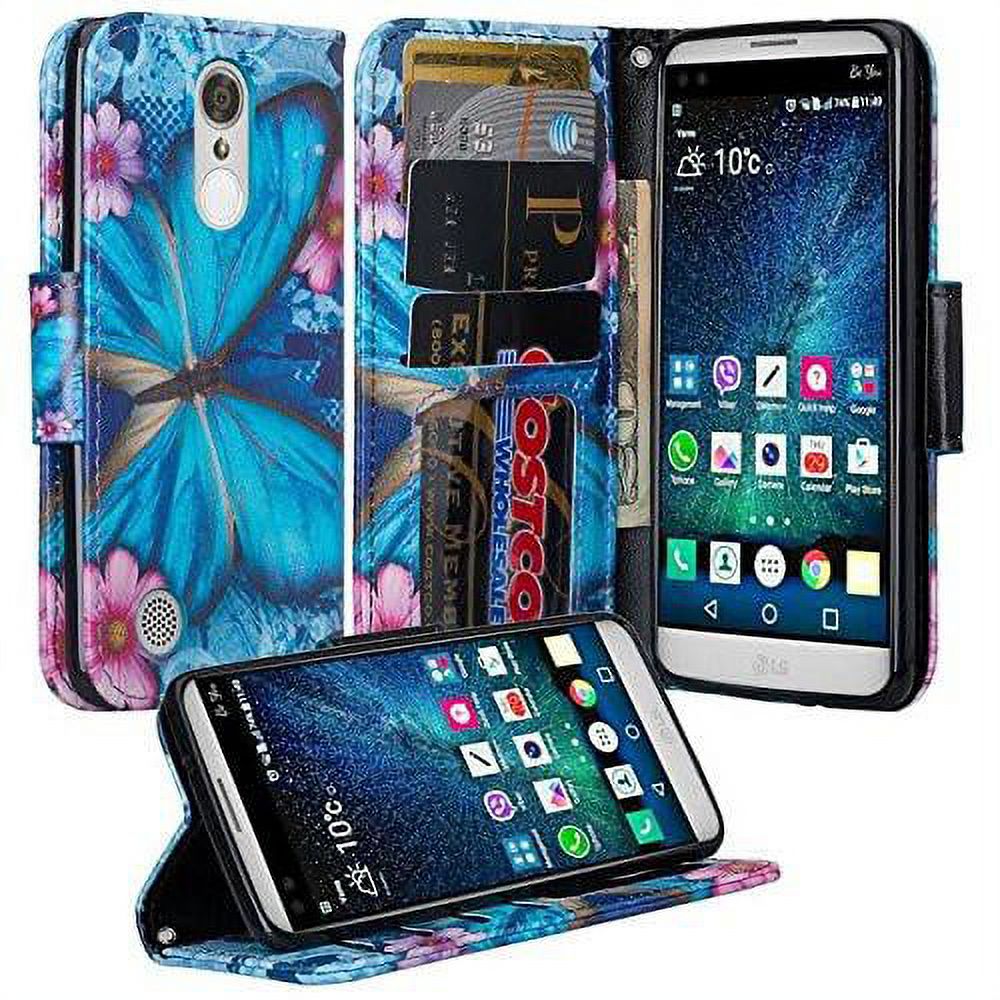 LG Risio 3 Case,LG Rebel 3 LTE Case (L157BL), LG Fortune 2 Case, LG Zone 4 Case, LG K8 2018 Case, Cute Wrist Strap Flip Folio [Kickstand] Pu Leather Case ID Slot Girls Women - Blue Butterfly - image 1 of 5