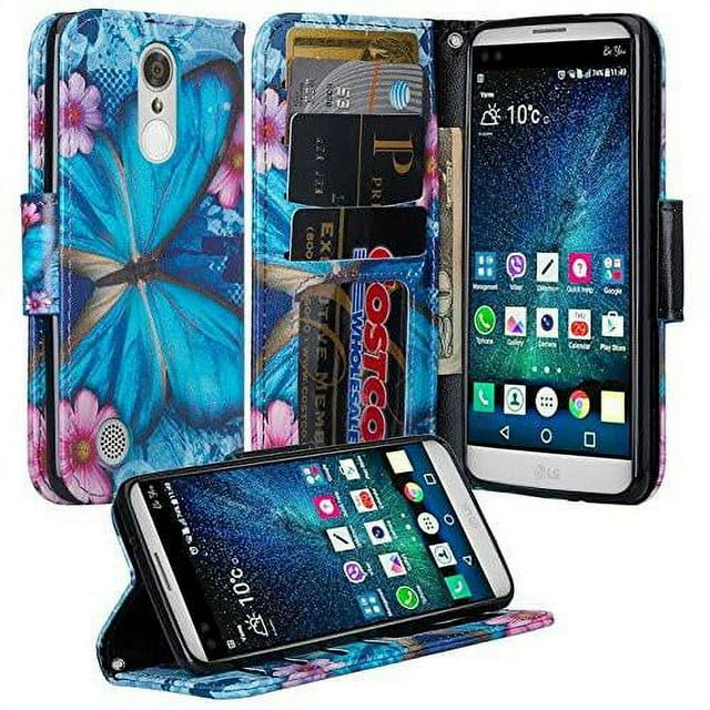 LG Risio 3 Case,LG Rebel 3 LTE Case (L157BL), LG Fortune 2 Case, LG Zone 4 Case, LG K8 2018 Case, Cute Wrist Strap Flip Folio [Kickstand] Pu Leather Case ID Slot Girls Women - Blue Butterfly