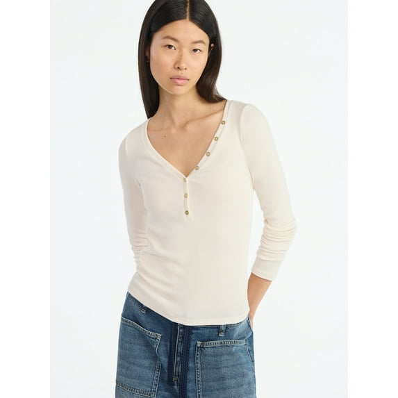 Scoop Women’s Ribbed V Neck Henley Top with Long Sleeves, Sizes XS-XXL