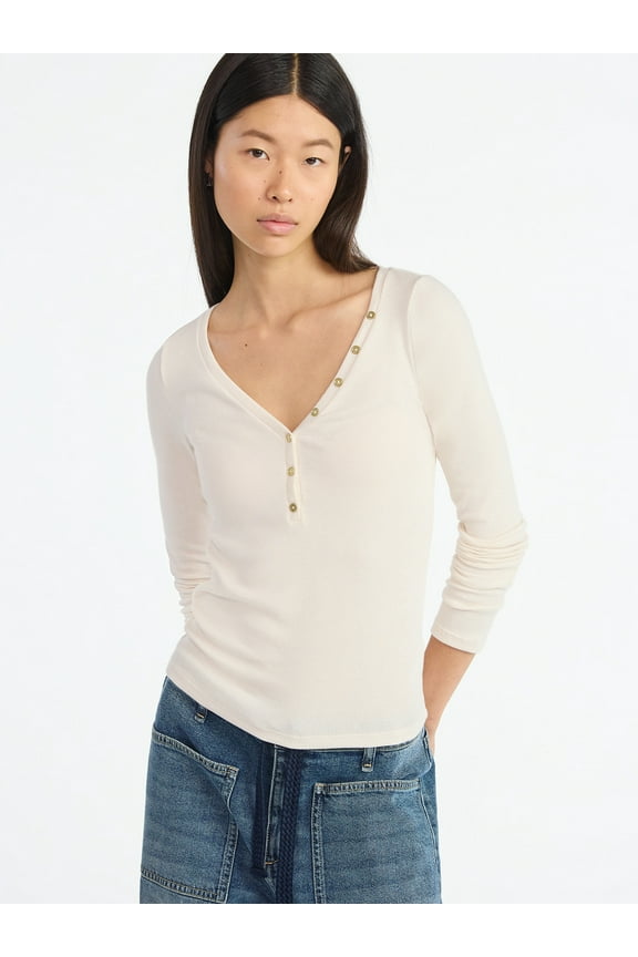 Women’s Ribbed V Neck Henley Top with Long Sleeves, Sizes XS-XXL