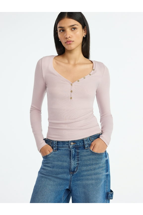 Women’s Ribbed V Neck Henley Top with Long Sleeves, Sizes XS-XXL