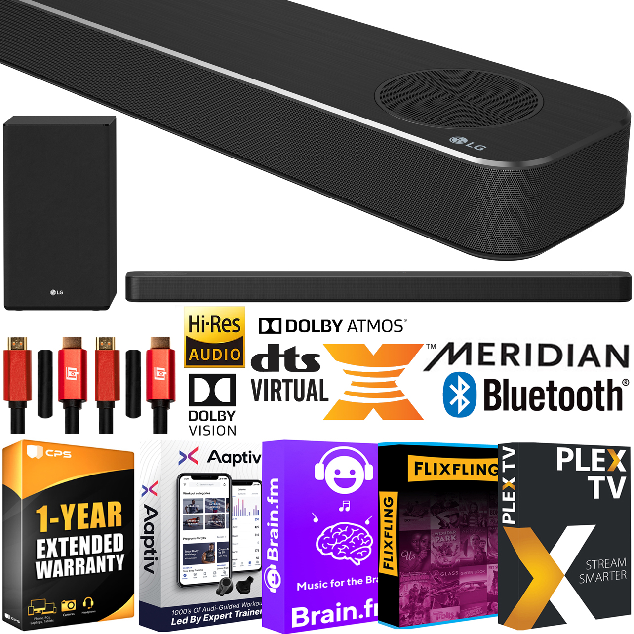 LG SN8YG 3.1.2ch Sound Bar w/ Meridian, Dolby Atmos, DTS:X 3D Surround Sound + Wireless Subwoofer Bundle with 2x Deco Gear HDMI Cable + 1 Year Extended Coverage + Streaming Entertainment Software Kit - image 1 of 10