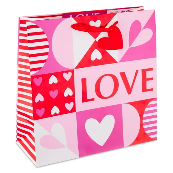 Large Love Quilt Gift Bag, Pink, Red, and White, 12" x 5" x 12", Valentine's Day by Way To Celebrate