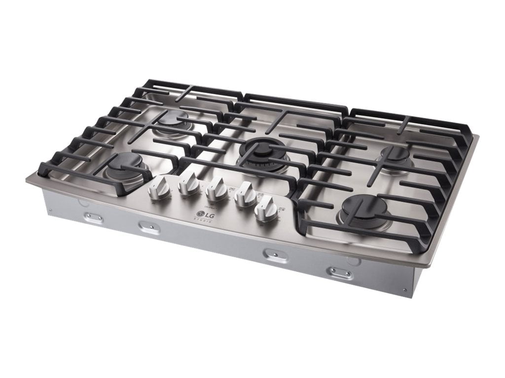 LG LSCG367ST 36" Gas Cooktop, Red LED Knob Accents, 19,000 BTU UltraHeat™ center burner, 5 Sealed Burners and 3 Continuous Heavy-Duty cast iron grates, Metal Knob