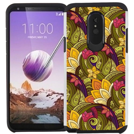 LG Stylo 5 Case - Colorful Design Hybrid Armor Case Shockproof Dual Layer Protective Phone Cover - Gold and Purple Floral