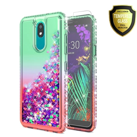 LG Stylo 5 Phone Case, with [Tempered Glass Protector Included] Liquid Floating Glitter Quicksand Bling with Spot Diamond Cover - Green/Red