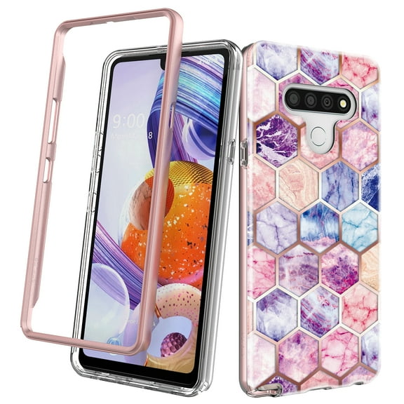 LG Stylo 6 Case, Rosebono Hybrid Dual-Layered IMD Design Graphic Hexagon Marble Anti-Scratch Drop Protection Skin Cover Shockproof Case for LG Stylo 6