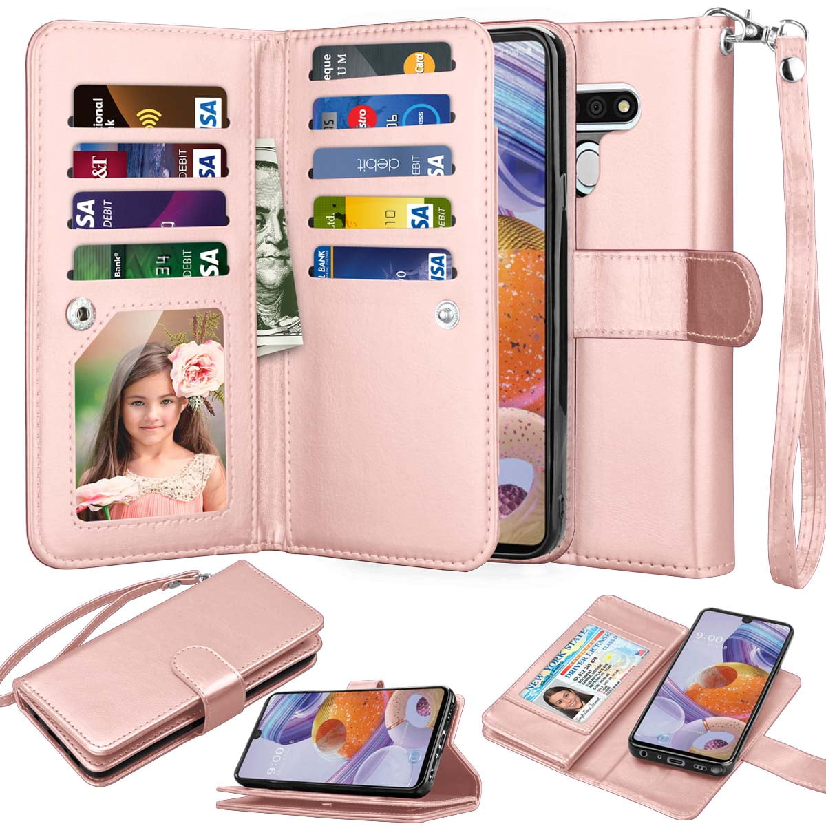 LG Stylo 6 Case, for LG Stylo 6 Wallet Case, Takfox PU Leather Mutiple ID Cash Credit Card Slots Holder Folio Flip Kickstand Detachable Magnetic Phone Case  Lanyard for LG Stylo 6/K71 Stylus-Rose Gold