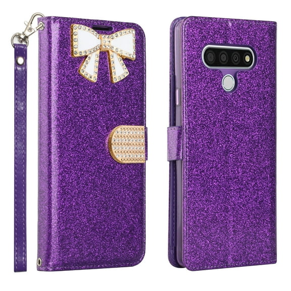 LG Stylo 6 Phone Case, Full Protection Sparkle Diamond Kickstand Wallet Compartments Multi-Function for LG Stylo 6 Phone Case Purple