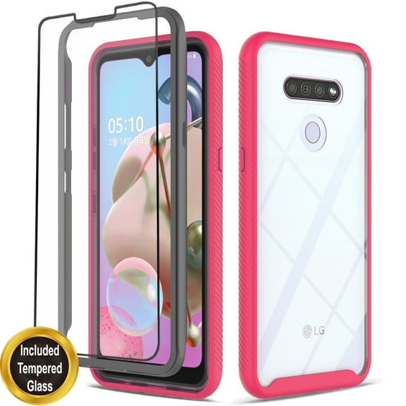 LG Stylo 6 Phone Case, Transparent Drop Proof Cover with [Temerped Glass Screen Protector](Pink)