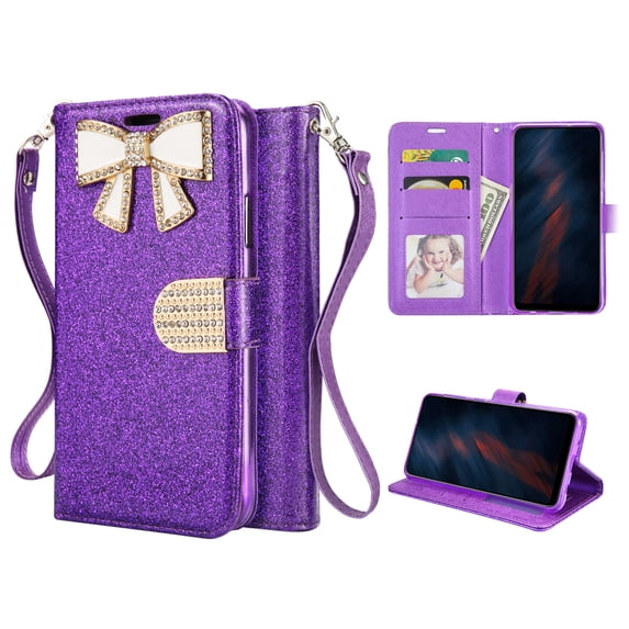 LG Stylo V50 Phone Case, Strong Protective Sparkle Diamond Kickstand Wallet Compartments Multi-Function for LG V50 Phone Case Purple