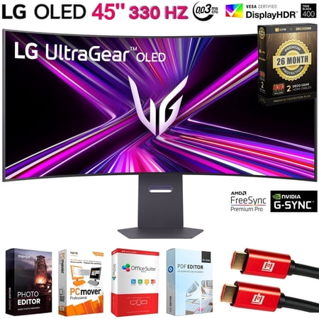 LG UltraGear 45" OLED 5K2K (5120x2160) 330Hz G-sync Curved Gaming Monitor Bundle with Tech Smart USA Elite Suite 18, 2X 4K HDMI Cable & Deco Gear CPS 26 Month Protection Pack (BEACH-CPS-26M2000)