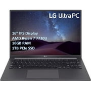LG UltraPC 16U7R Laptop, 16” IPS Display, AMD Ryzen 7 7730U Processor, 16GB RAM, 1TB PCIe SSD, Webcam, , HDMI, Type-C, Wi-Fi 6, Windows 11 Home, Gray