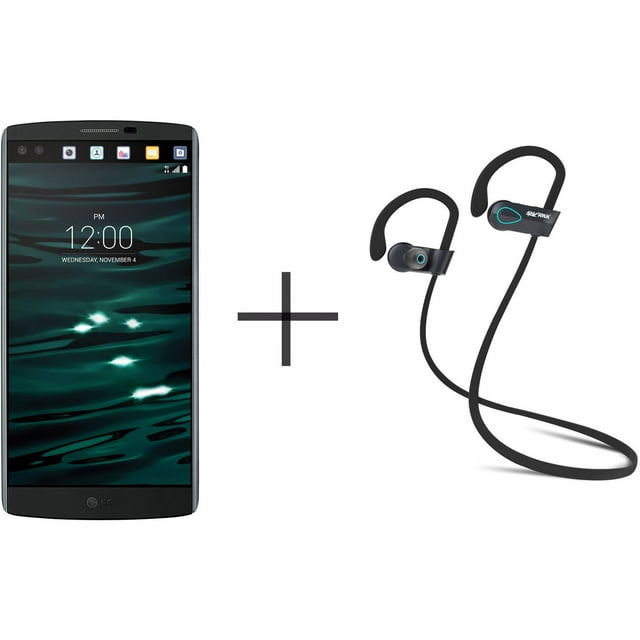 LG V10 H900 AT&T Smartphone and SHARKK Flex 20 Wireless Bluetooth Waterproof Headphones with Mic, Black (Value Bundle)