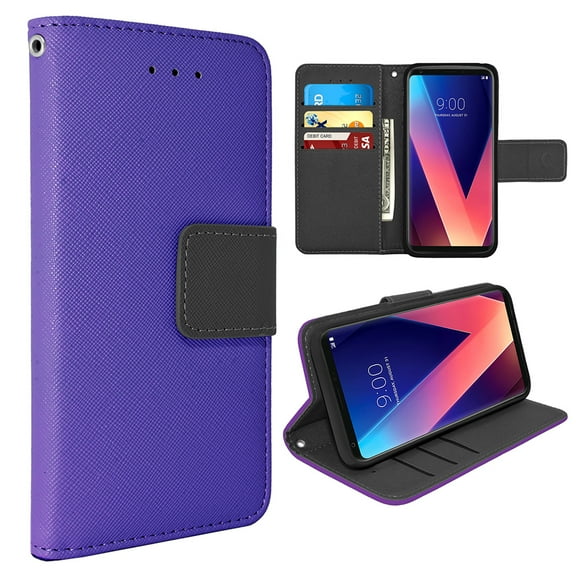 LG V30 Leather Wallet Pouch Case Cover with Card Holders and Media Stand Feature