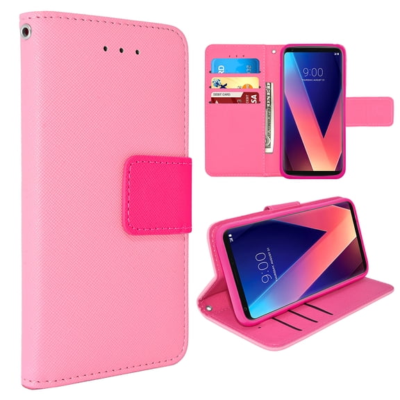 LG V30 Leather Wallet Pouch Case Cover with Card Holders and Media Stand Feature