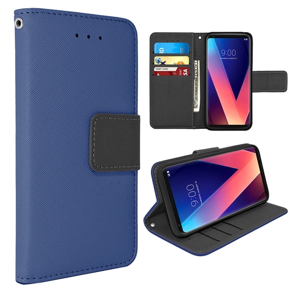 LG V30 Leather Wallet Pouch Case Cover with Card Holders and Media Stand Feature