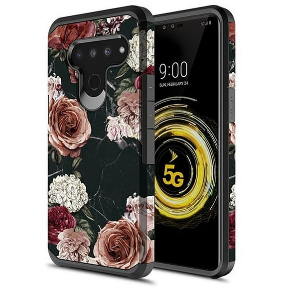LG V50 ThinQ Case, KAESAR Hybird Drop Protection Sleek Slim Dual Layer Shockproof Colorful Graphic Armor Case For LG V50 ThinQ (Black Marble Flower)