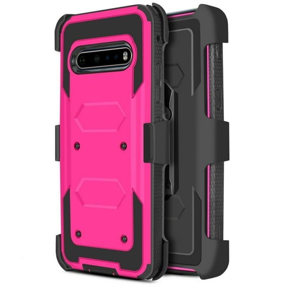 for LG V60 ThinQ Holster Case Phone Case Dual Layer Full-Body Rugged Clear Back Case Drop Resistant Shockproof Case with Built In Screen Protector (Pink)