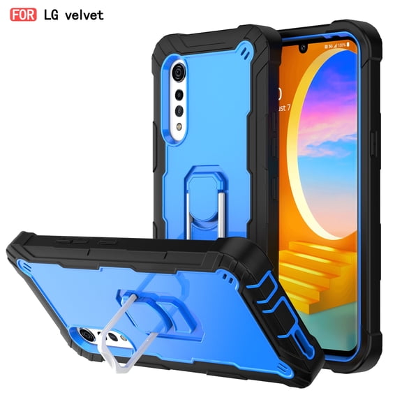 for LG Velvet Case with Hidden Bracket Rugged Heavy Duty Protective [Hard PC Back + Silicone Bumper] Shokcproof Anti-drop Tri-layer Hybird Shell For LG Velvet 5G 2020 LM-G900, Black/Blue