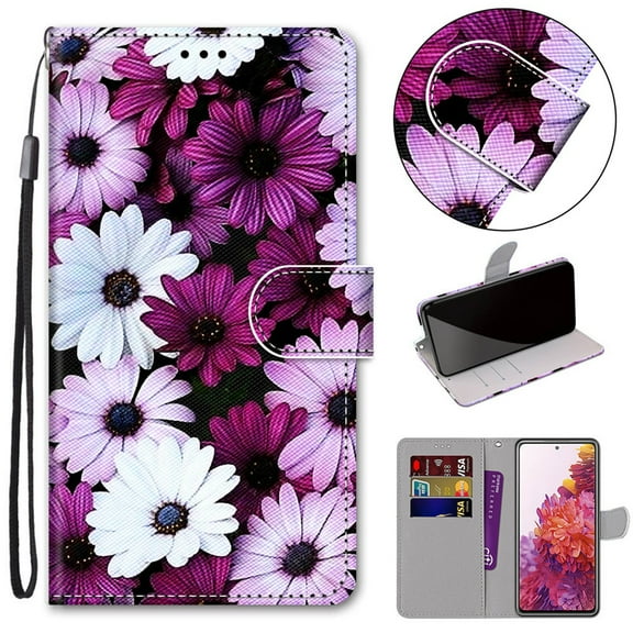 For LG Velvet Case, Mantto PU Leather Phone Case With Hand Rope Strap Cute Painted Flip Card Wallet Credit Slots Magnetic Folio Pattern Kickstand Cover For LG Velvet, Chrysanthemum