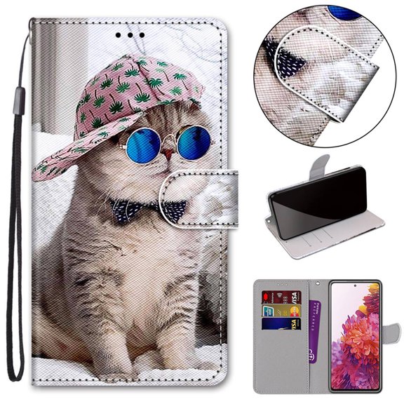 For LG Velvet Case, Mantto PU Leather Phone Case With Hand Rope Strap Cute Painted Flip Card Wallet Credit Slots Magnetic Folio Pattern Kickstand Cover For LG Velvet, Hat&Cat