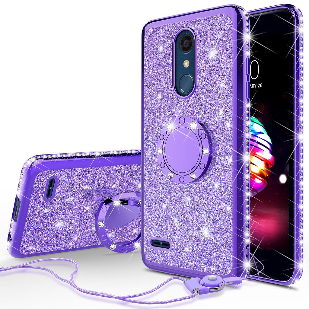 LG Xpression Plus Case/LG Phoenix Plus Case/LG Harmony 2/K10 2018/K30/Premier Pro LTE Case,Cute Glitter Bling Diamond Bumper Ring Stand Phone Case Sparkly Clear Kickstand Case Girls Women - Purple - image 1 of 5