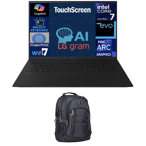 LG gram AI Powered Laptop 17.0in Touchscreen LCD WQXGA Display (Intel Ultra 7-258V, 32GB LPDDR5X, 1TB PCIe SSD, Intel Arc, Backlit KB, Fingerprint, 2 Thunderbolt 4, Win 11 Pro) w/Premium Backpack