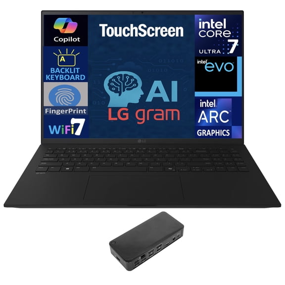 LG gram AI Powered Laptop 17.0in Touchscreen LCD WQXGA Display (Intel Ultra 7-258V, 32GB LPDDR5X, 2TB PCIe SSD, Intel Arc, Backlit KB, Fingerprint, 2 Thunderbolt 4, WiFi 7, Win 11 Home) w/USB-C Dock