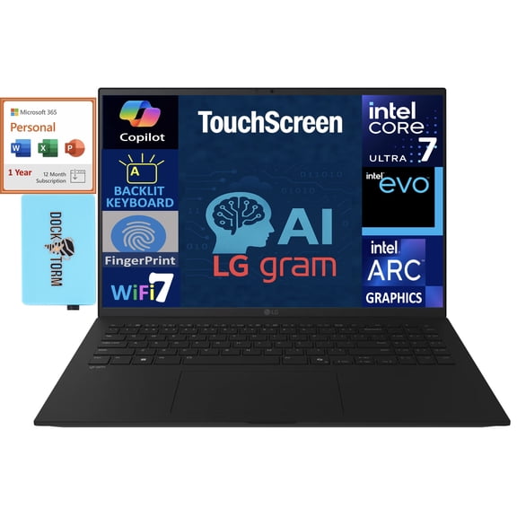 LG gram AI Powered Laptop 17.0in Touchscreen LCD WQXGA Display (Intel Ultra 7-258V, 32GB LPDDR5X, 2TB PCIe SSD, Intel Arc, Backlit KB, Win 11 Pro) w/Microsoft 365 Personal , DKZ USB Port Expander