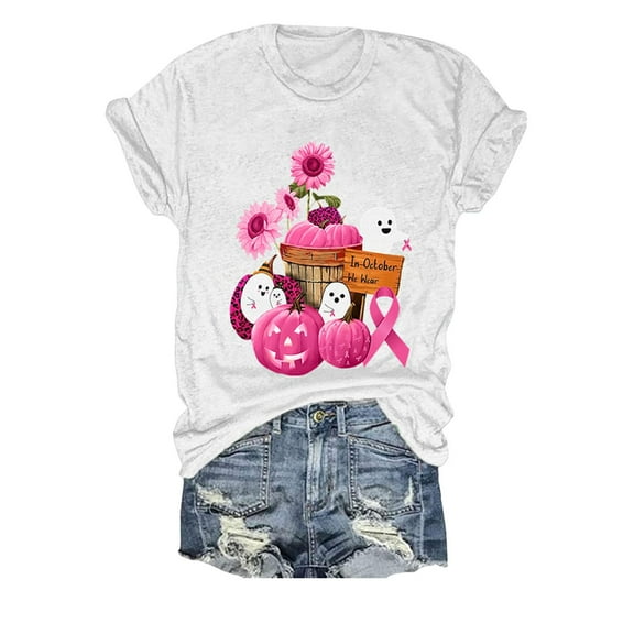 LGASWYX Breast Cancer T Shirt Cute In October We Wear Breast Cancer Awareness Halloween T Shirt For Women (Black,L)