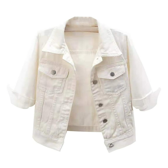 LGASWYX Clearance Women'S 3/4 Sleeve Colored Cropped Denim Jacket Light Wash Jacket Lohas Time Coat (White,S)
