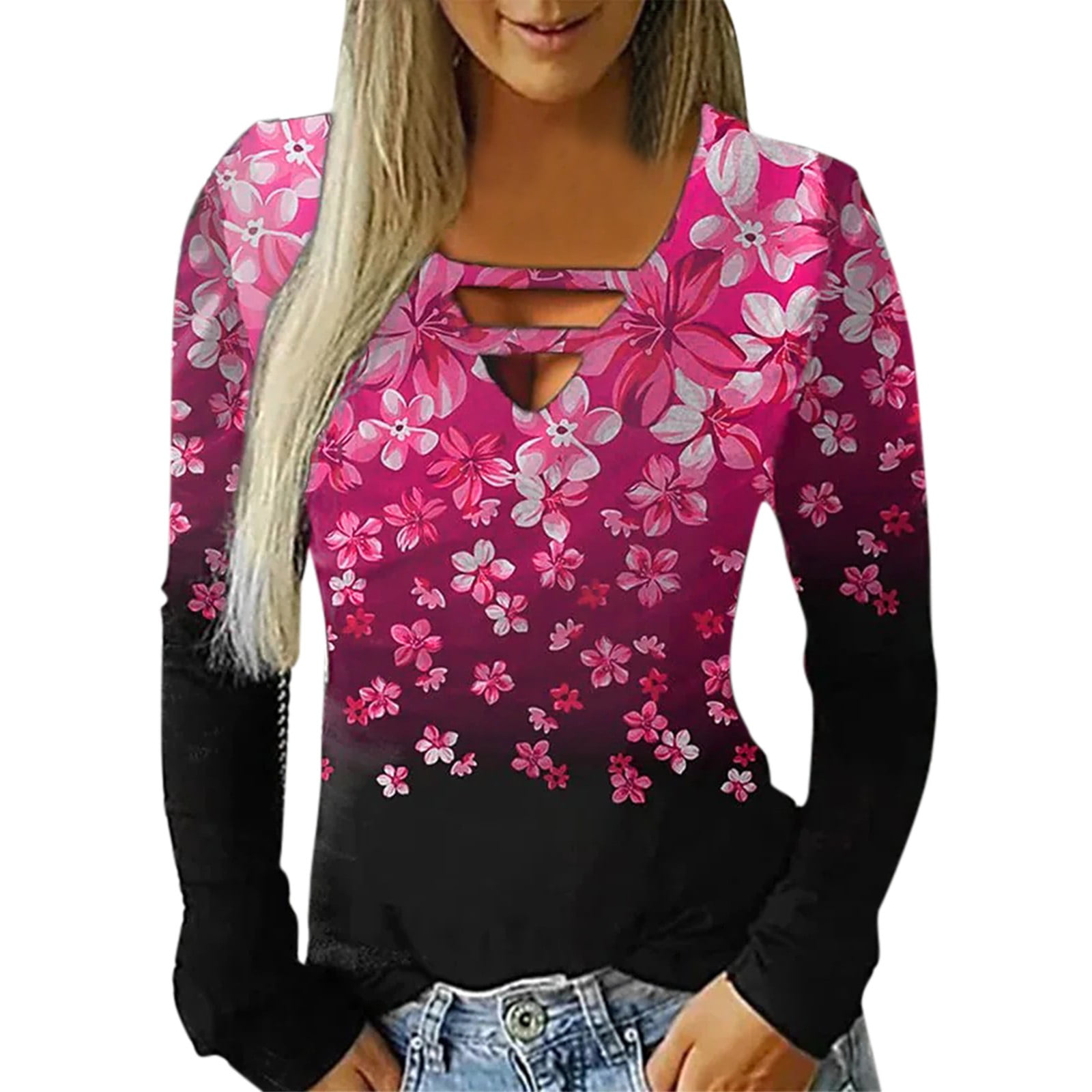 LGASWYX Clothes Womens Casual Long Sleeve Flower Printed V Neck Slim