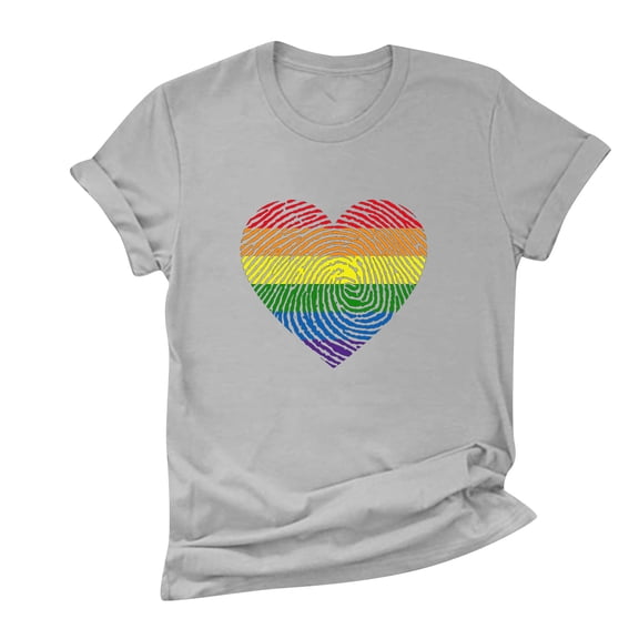 LGASWYX Cute Clothes Women Heart Print O-Neck T-Shirt Top Short Sleeve Casual Loose Blouse Oversized T Shirt (Gray,L)