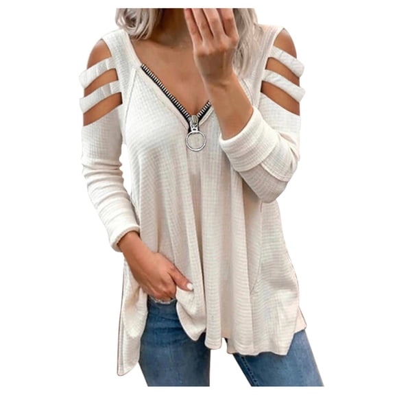 LGASWYX Cute Tops For Women Trendy Womens Sexy V-Neck Collar Zipper Color Long Sleeve Fold Casual Blouse Tops Summer T Shirts (White,L)