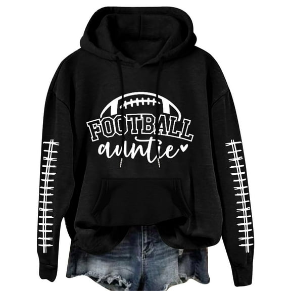 LGASWYX Football Auntie Women's Football Letter Print Long Sleeve Hooded Sweatshirt (Black,XL)