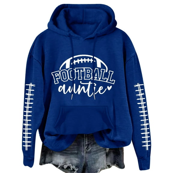 LGASWYX Football Auntie Women's Football Letter Print Long Sleeve Hooded Sweatshirt (Blue,M)