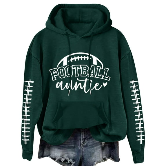 LGASWYX Football Auntie Women's Football Letter Print Long Sleeve Hooded Sweatshirt (Green,L)