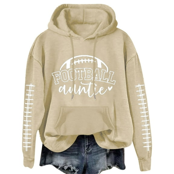 LGASWYX Football Auntie Women's Football Letter Print Long Sleeve Hooded Sweatshirt (Khaki,L)