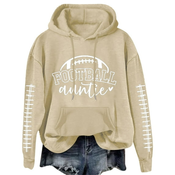 LGASWYX Football Auntie Women's Football Letter Print Long Sleeve Hooded Sweatshirt (Khaki,L)