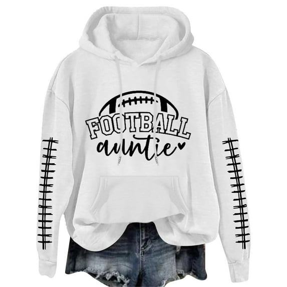 LGASWYX Football Auntie Women's Football Letter Print Long Sleeve Hooded Sweatshirt (White,XXL)