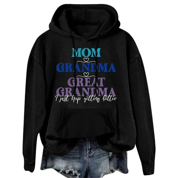 LGASWYX Mom Grandma Great Grandma I Just Keep Women's Letter Print Long Sleeve Hooded Sweatshirt (Black,XXXL)
