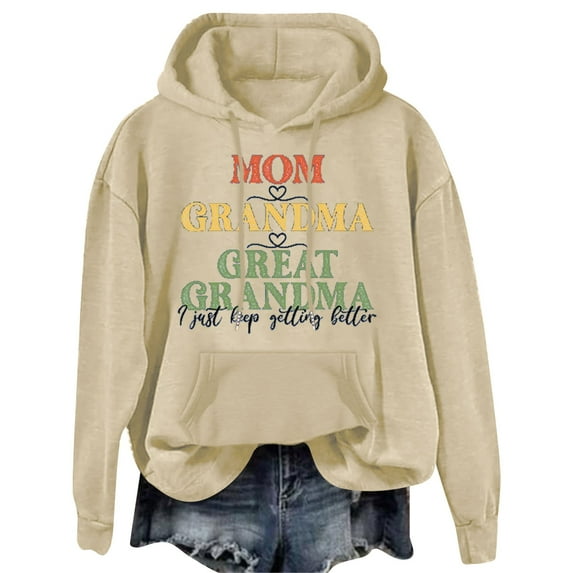 LGASWYX Mom Grandma Great Grandma I Just Keep Women's Letter Print Long Sleeve Hooded Sweatshirt (Khaki,XL)