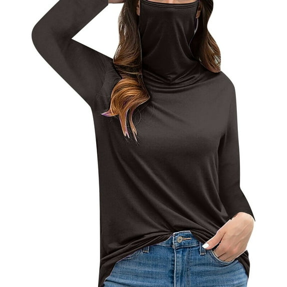 LGASWYX Spring Outfits For Women 2024 Women'S Casual Loose Turtleneck Long Sleeve Soild Face Mask Tops Blouse T-Shirt Women'S T Shirts (Black,Xl)