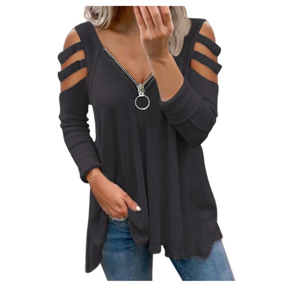 LGASWYX Women Clothes Womens Sexy V-Neck Collar Zipper Color Long Sleeve Fold Casual Blouse Tops Oversized Tees (Dark Gray,Xl)