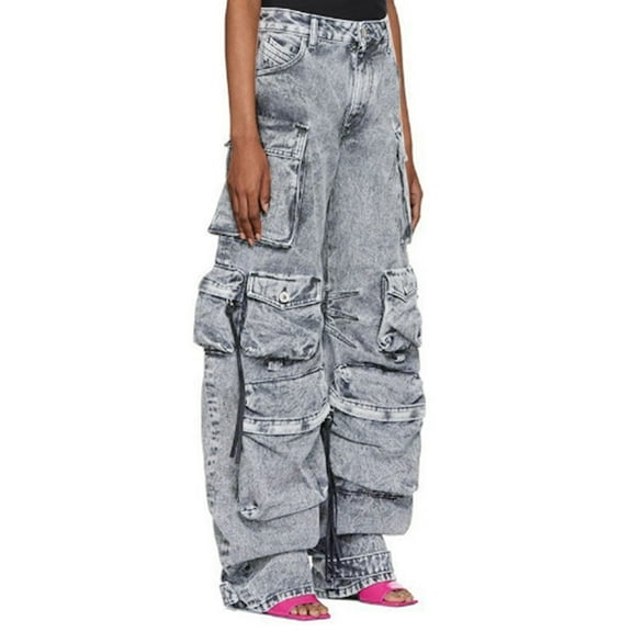 LGASWYX Women'S Cargo Pants High Waist Baggy Jeans Pocket Loose Denim Pants Streetwear (Gray,L)