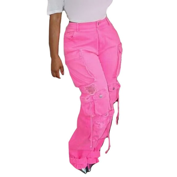 LGASWYX Women'S Cargo Pants High Waist Baggy Jeans Pocket Loose Denim Pants Streetwear (Pink,XL)