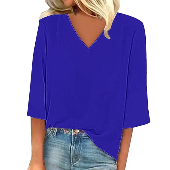 LGASWYX Women Tops Dressy Casual Women'S Solid Color Fashion Casual V Neck Three Quarter Sleeve Tops Crew Neck T Shirts For Women (Blue,Xxxxxl)