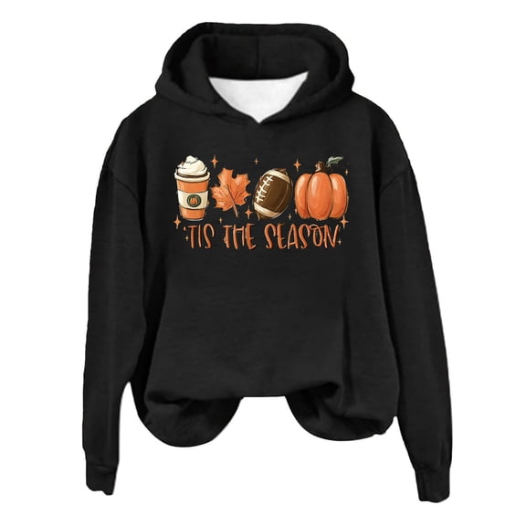 LGASWYX Women's Hoodie Pumpkin Maple Leaf Print Autumn And Winter Drawless Hoodie (Black,M)
